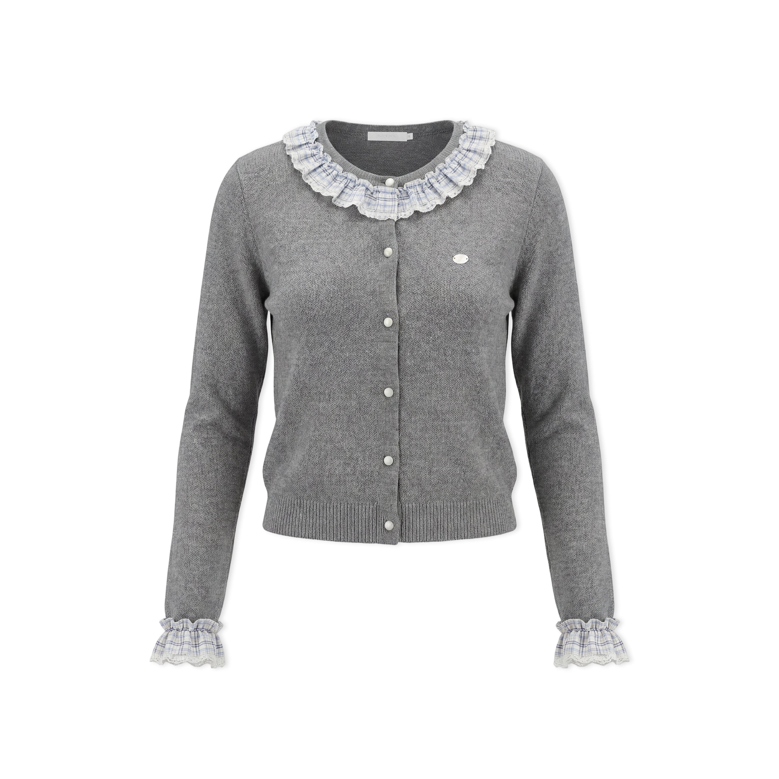 16DEWS 16D26051 Color blocking plaid round neck knitted cardigan