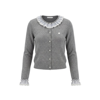 16DEWS 16D26051 Color blocking plaid round neck knitted cardigan