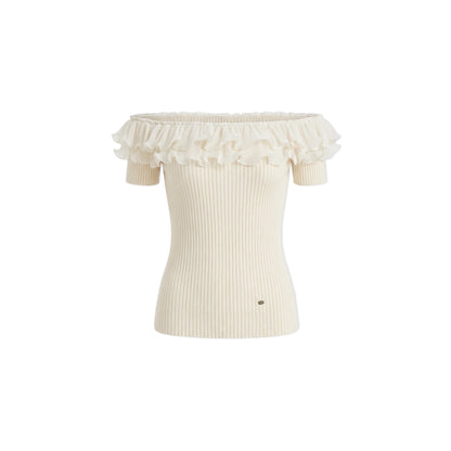 16DEWS 16D26115 Wrinkled ruffle edge knitted top