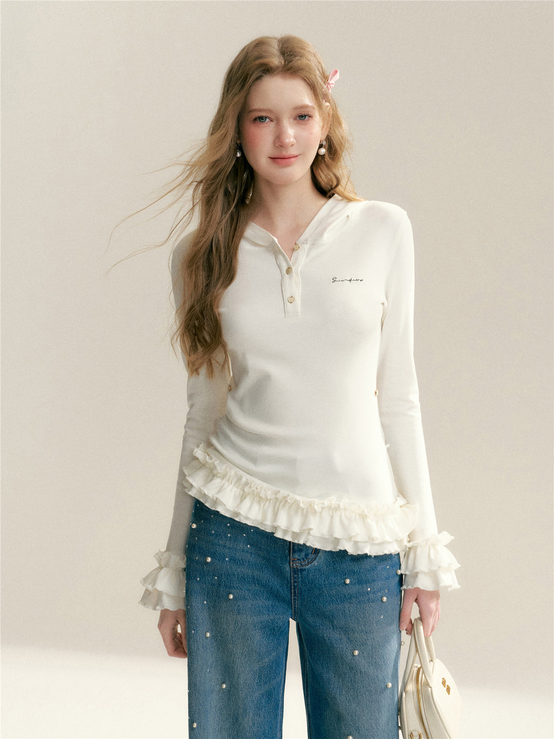 16DEWS 16D26006 Slim fit hooded pleated patchwork top