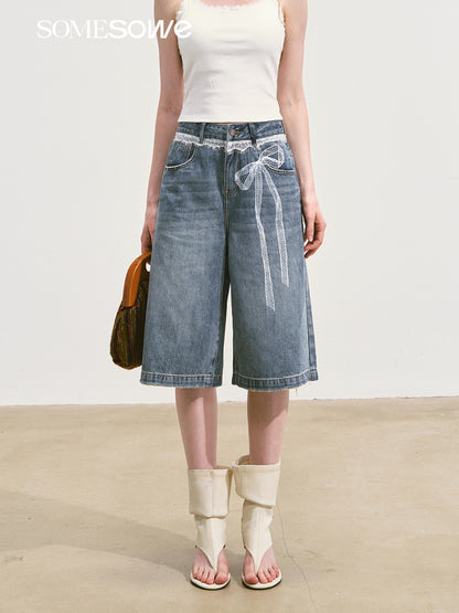 SOMESOWE S2508109 Lace printed wide leg denim shorts