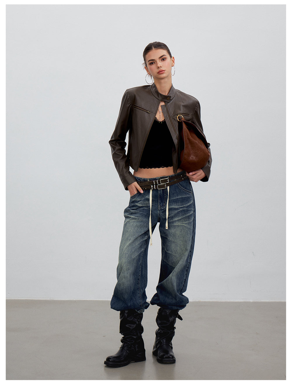 VIA PITTI VIACC6249 Stand-Collar Fitted Cropped Leather Jacket