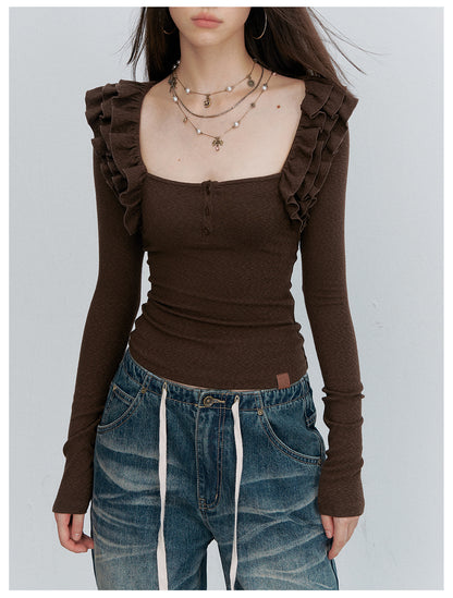 VIA PITTI VIACT6256 Ruched Ruffle-Trim Fitted Top