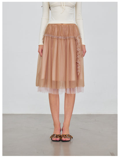 VIA PITTI VIACS6290 Lace-Trimmed Tulle Midi Skirt