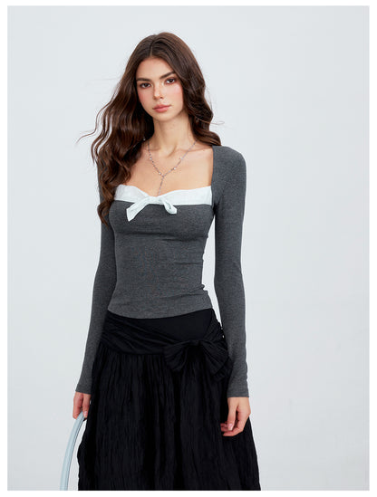 VIA PITTI VIACTP6311 Contrast-Color Square-Neck Bow Top