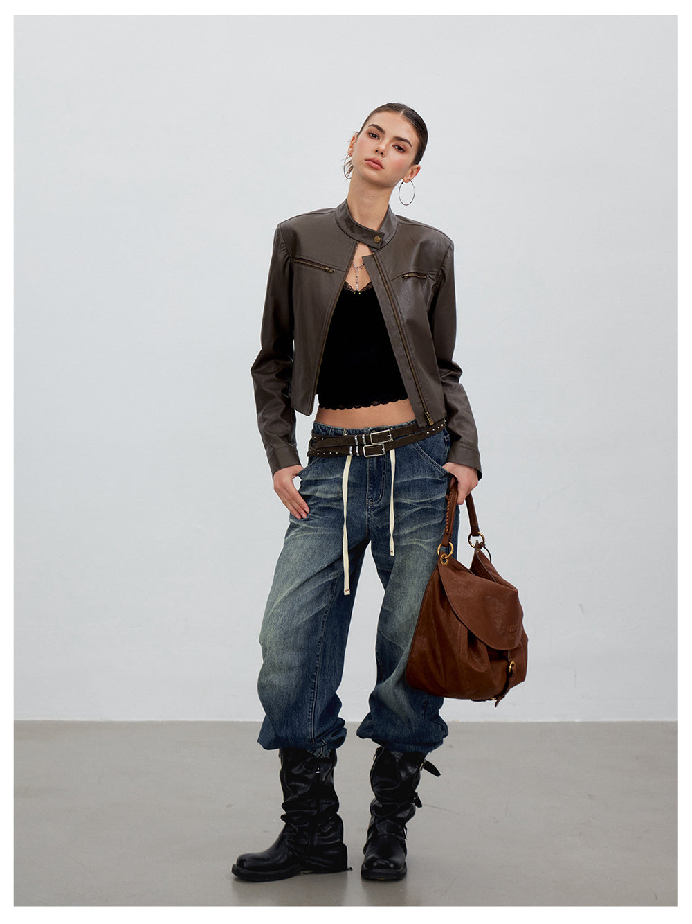 VIA PITTI VIACC6249 Stand-Collar Fitted Cropped Leather Jacket