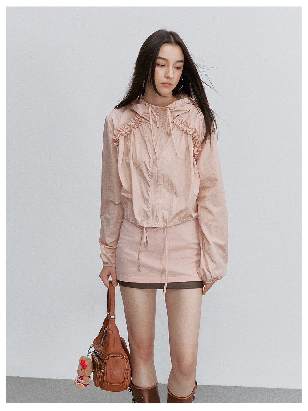 VIA PITTI VIACTP6245 Ruched Lace-Trim Drawstring Jacket