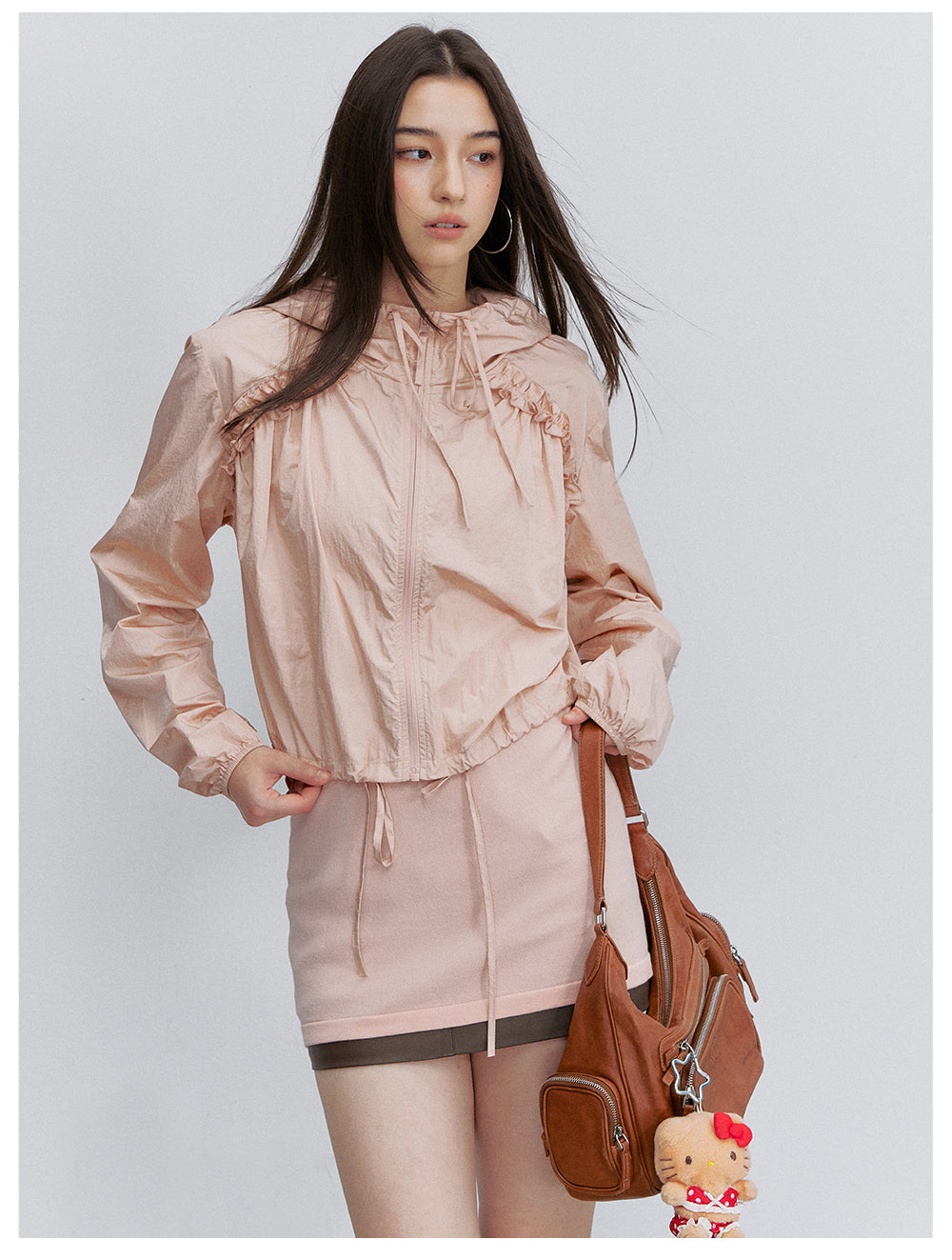 VIA PITTI VIACTP6245 Ruched Lace-Trim Drawstring Jacket