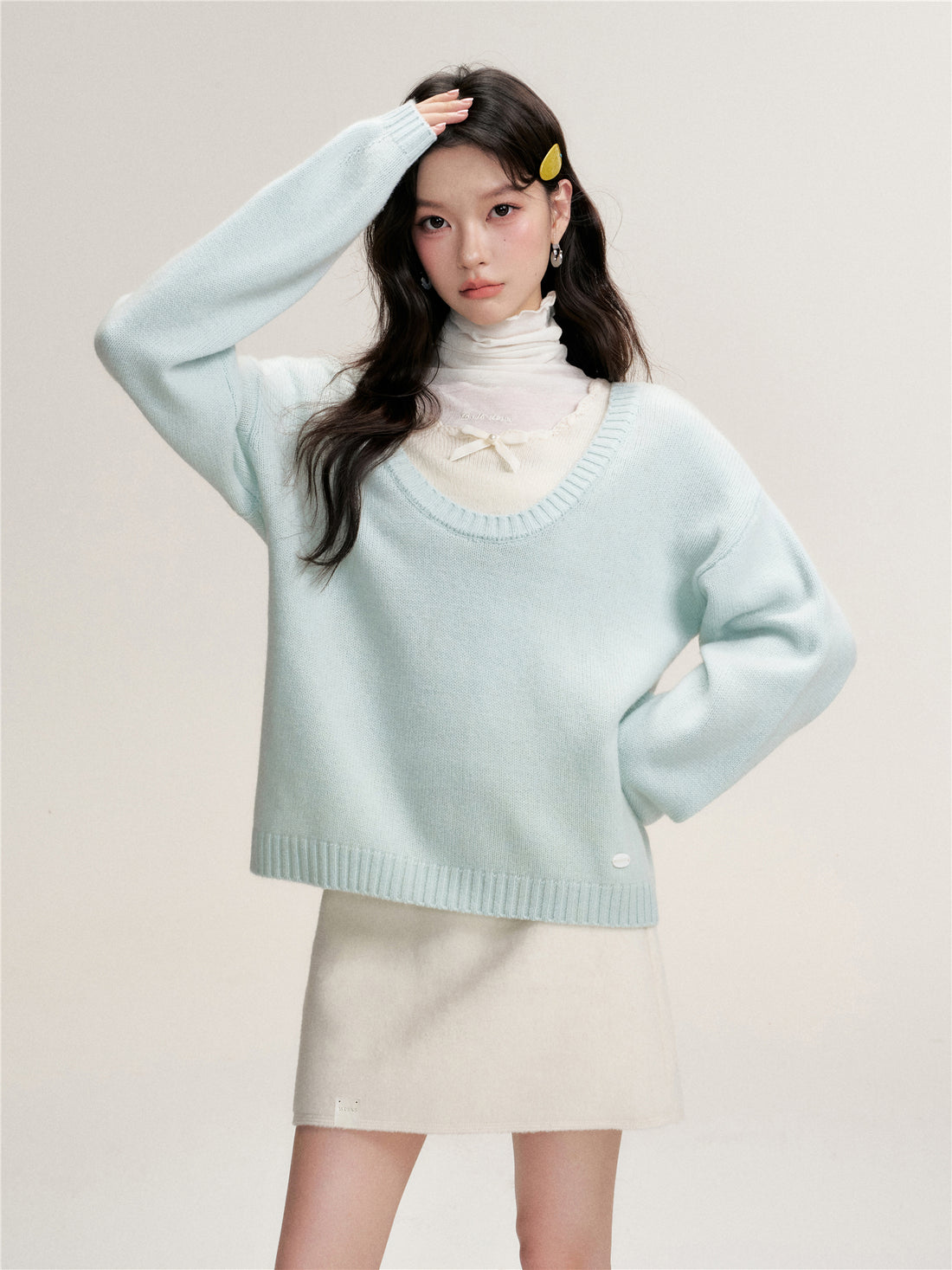 16DEWS 16D25463 Fake two piece contrasting wool knitted sweater