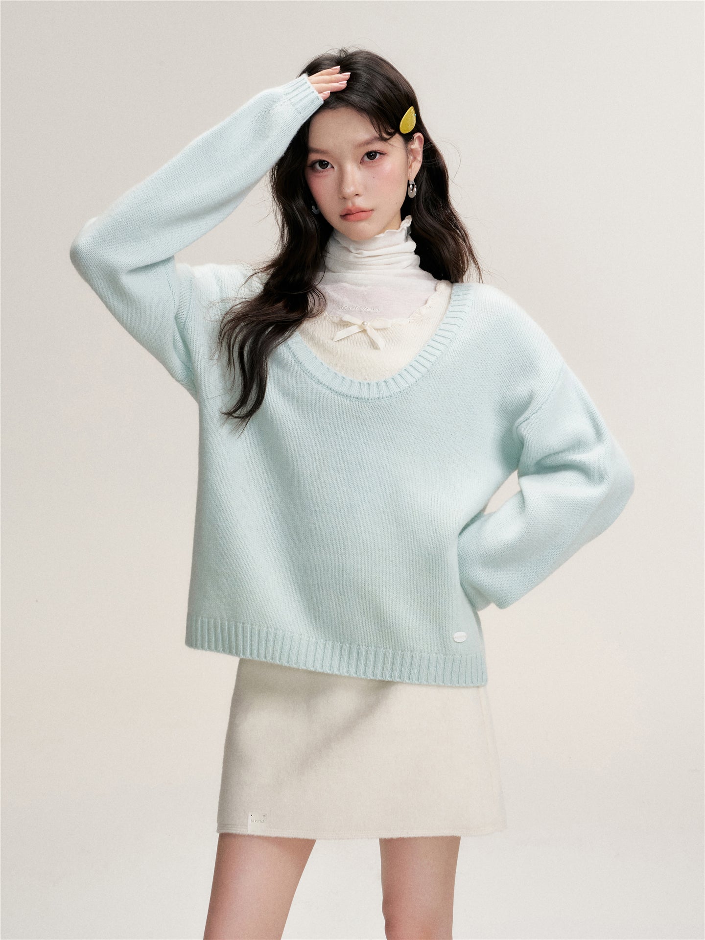 16DEWS 16D25463 Fake two piece contrasting wool knitted sweater