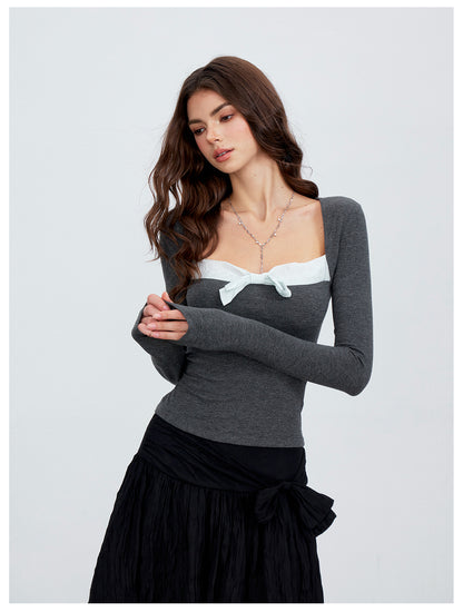 VIA PITTI VIACTP6311 Contrast-Color Square-Neck Bow Top