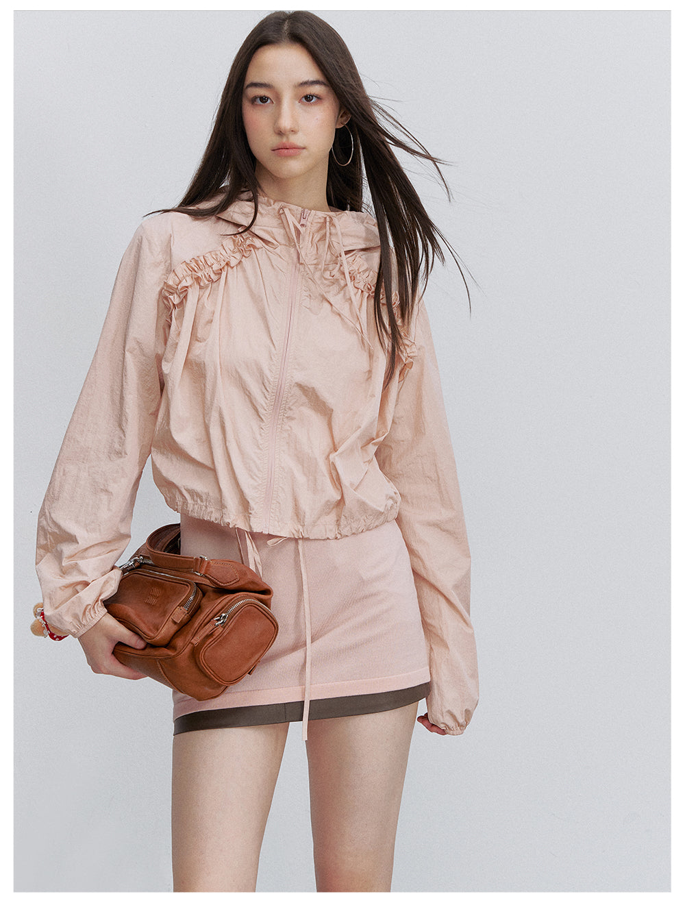 VIA PITTI VIACTP6245 Ruched Lace-Trim Drawstring Jacket