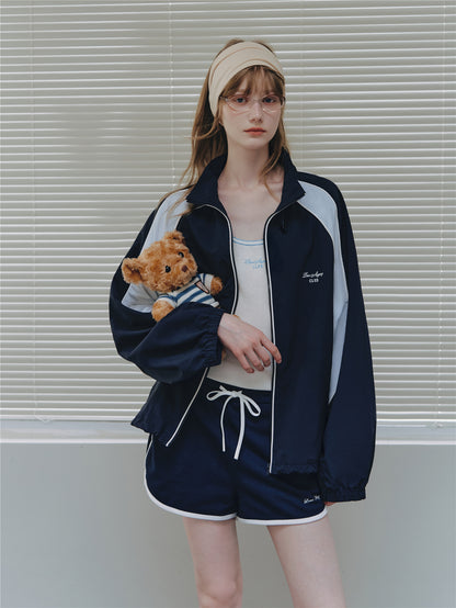 Asgony ASG26545 Contrast Patchwork Stand Collar Drawstring Sports Jacket