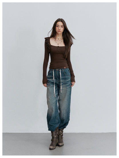 VIA PITTI VIACT6256 Ruched Ruffle-Trim Fitted Top