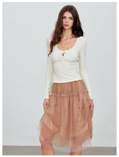 VIA PITTI VIACS6290 Lace-Trimmed Tulle Midi Skirt