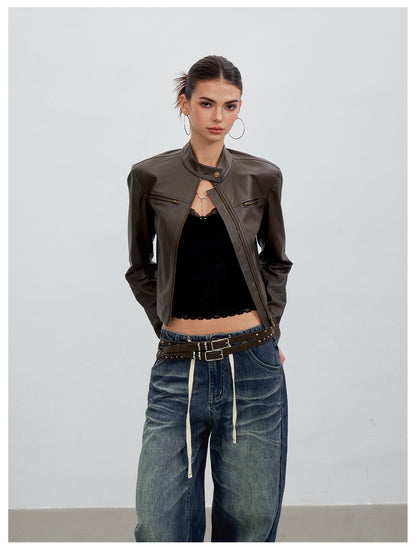 VIA PITTI VIACC6249 Stand-Collar Fitted Cropped Leather Jacket
