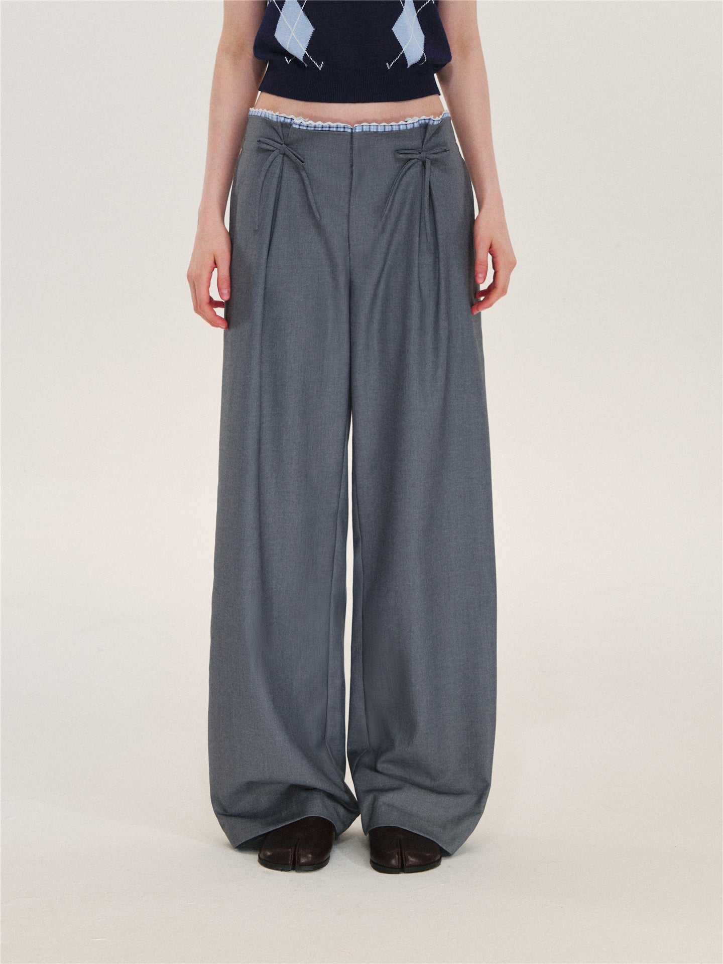 Asgony ASG26627 Plaid Lace-Trim Pleated-Waist Trousers