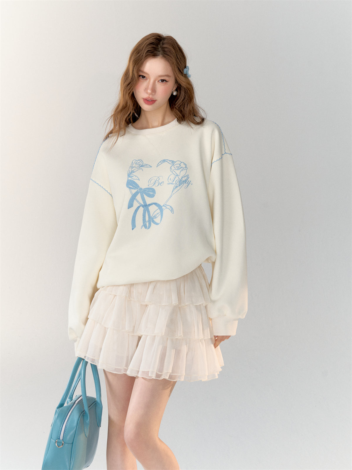 AsGony ASG24712&amp;ASG24713 Blue printed embroidered hoodie + skirt