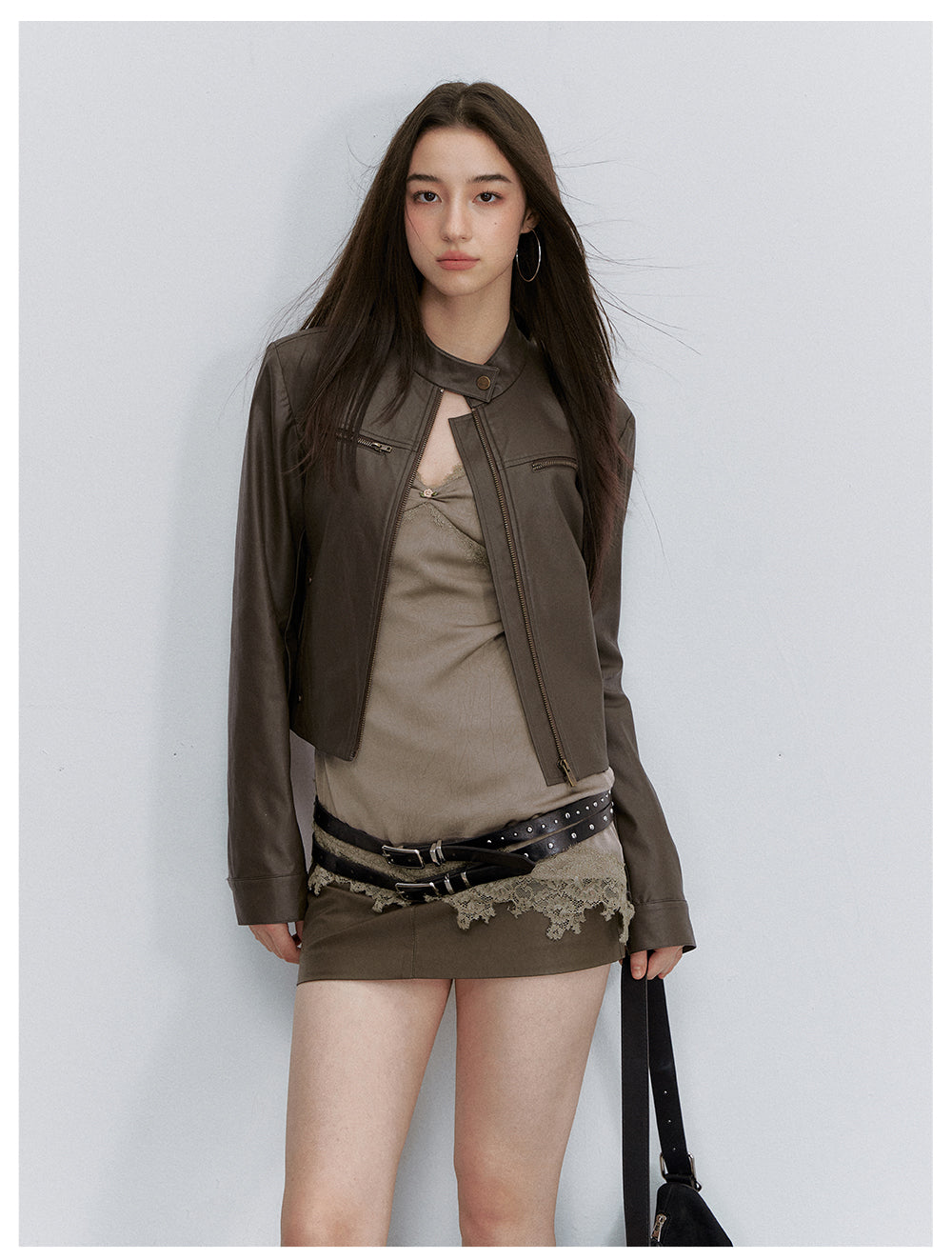 VIA PITTI VIACC6249 Stand-Collar Fitted Cropped Leather Jacket