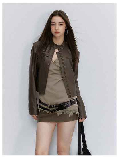 VIA PITTI VIACC6249 Stand-Collar Fitted Cropped Leather Jacket