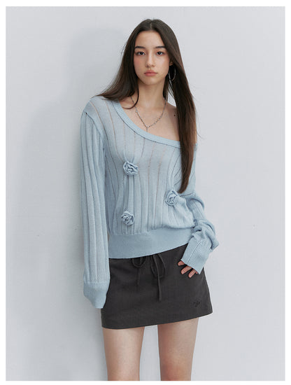 VIA PITTI VIACK6319 Asymmetric One-Shoulder Floral Knit Top