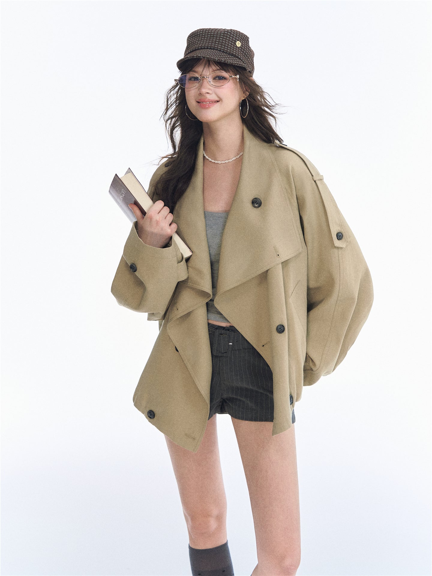 Asgony ASG26527 Oversized Collar Relaxed Button Trench Jacket