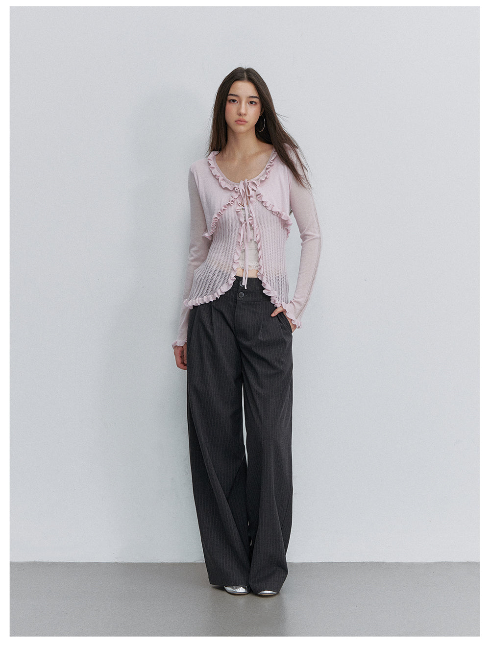 VIA PITTI VIACK6266 Faux-Layer Scalloped-Trim Cardigan