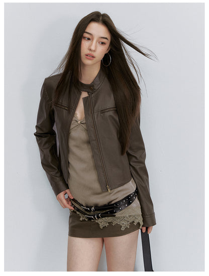 VIA PITTI VIACC6249 Stand-Collar Fitted Cropped Leather Jacket