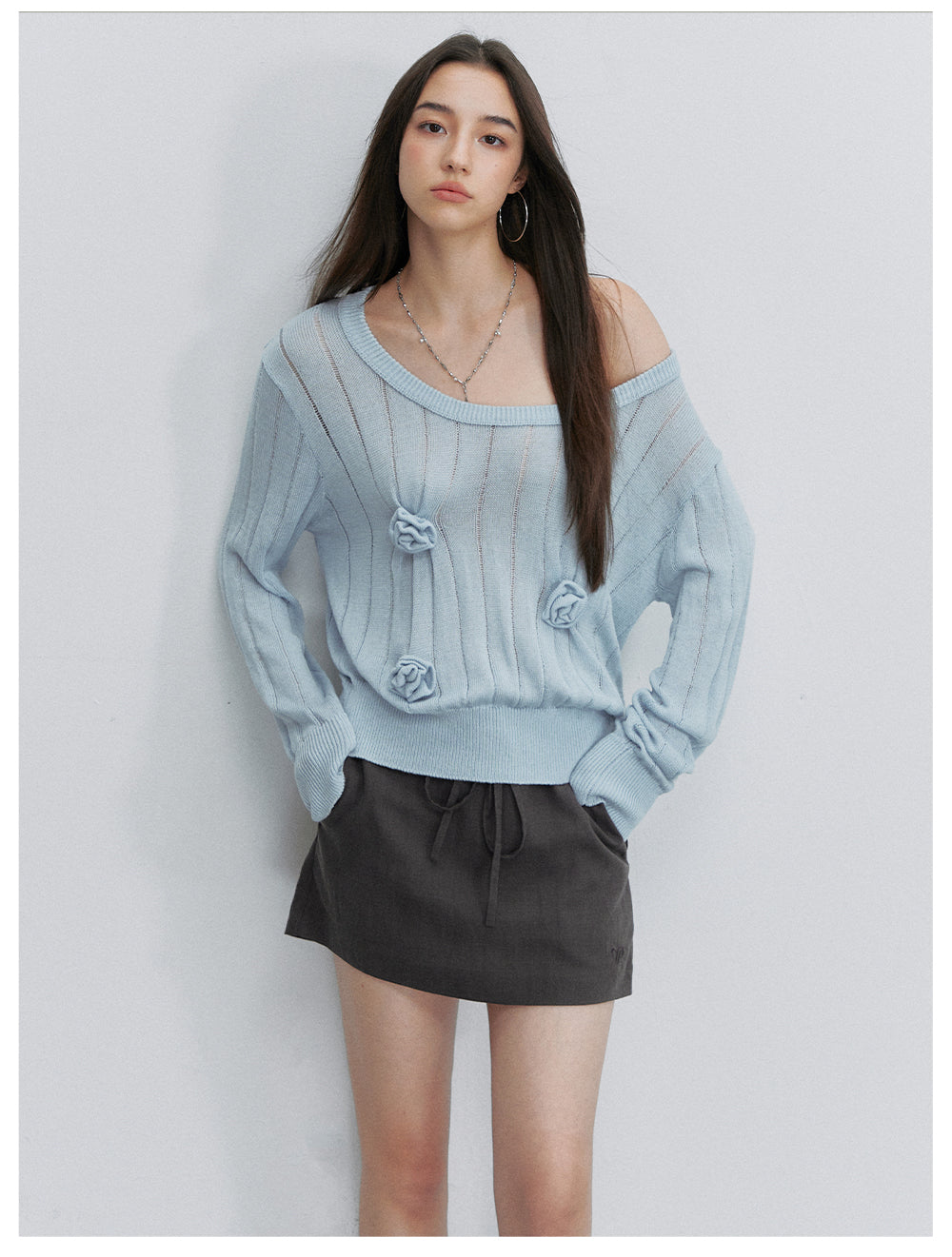VIA PITTI VIACK6319 Asymmetric One-Shoulder Floral Knit Top