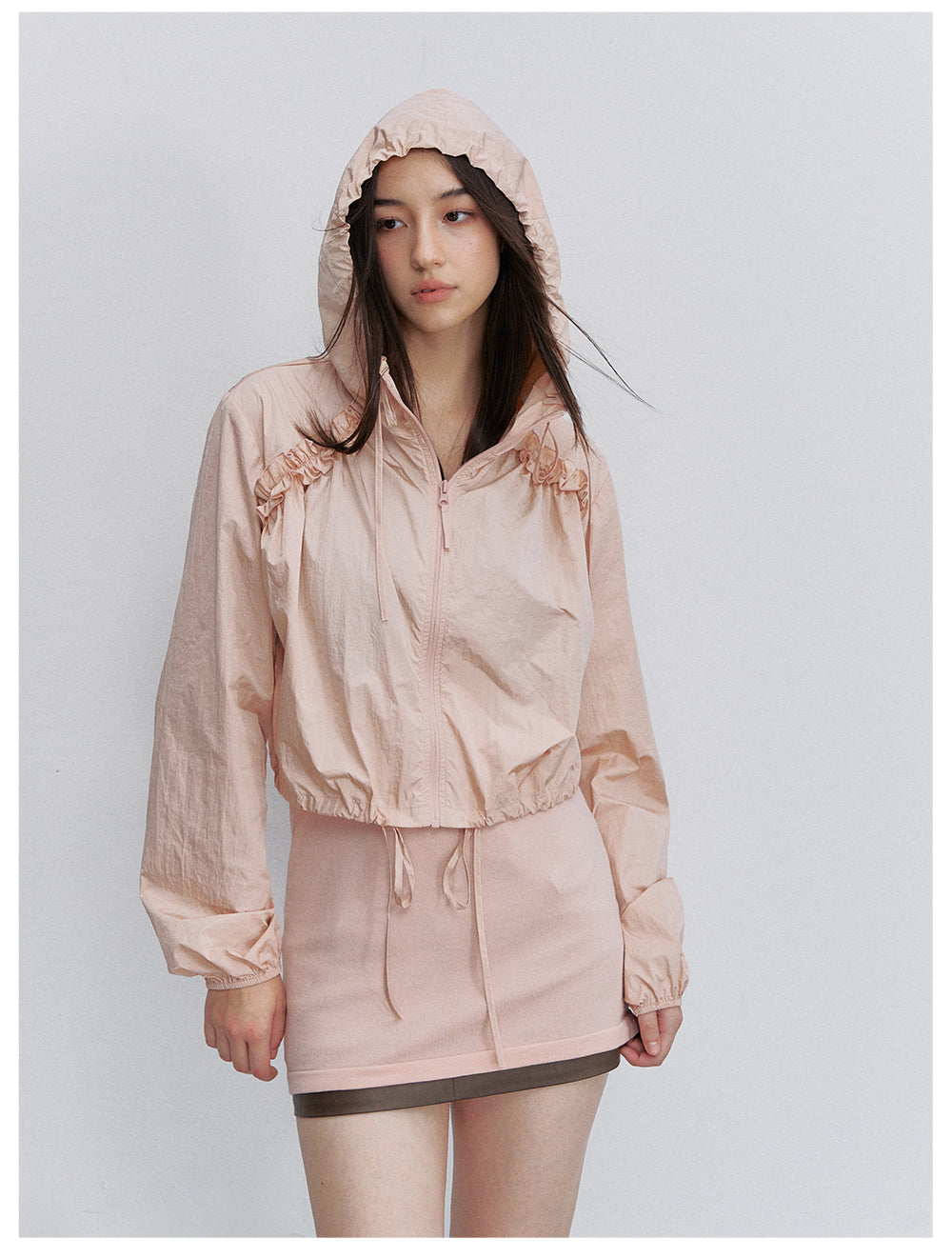VIA PITTI VIACTP6245 Ruched Lace-Trim Drawstring Jacket
