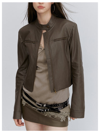 VIA PITTI VIACC6249 Stand-Collar Fitted Cropped Leather Jacket