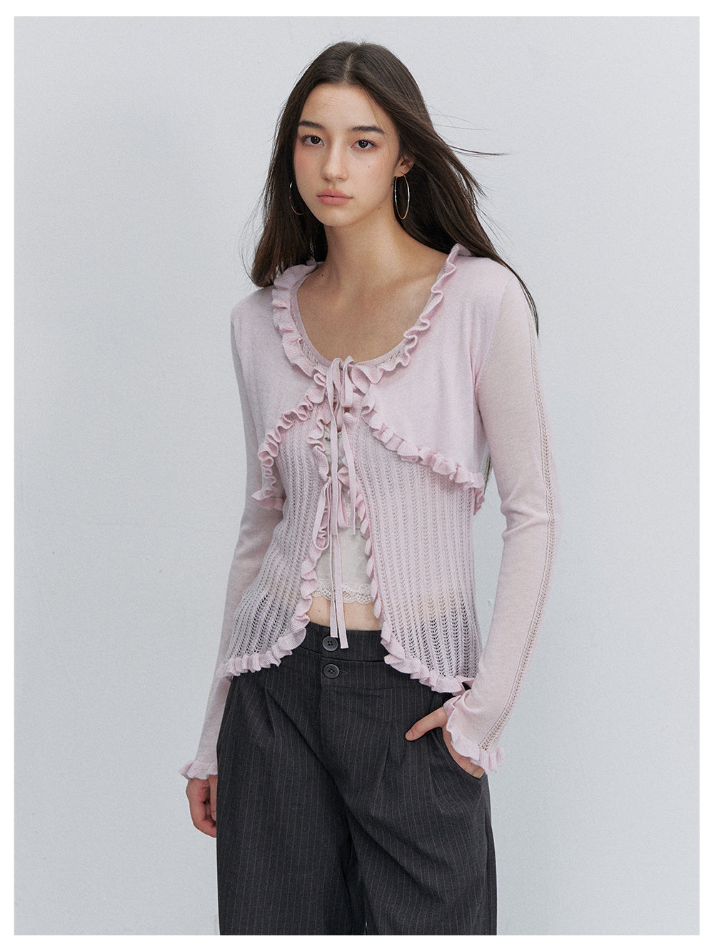 VIA PITTI VIACK6266 Faux-Layer Scalloped-Trim Cardigan