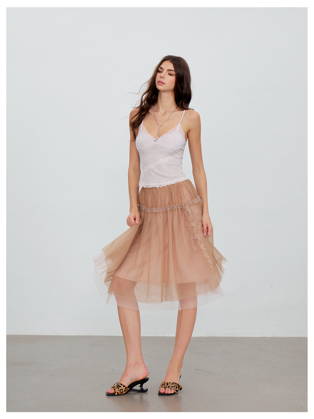 VIA PITTI VIACS6290 Lace-Trimmed Tulle Midi Skirt