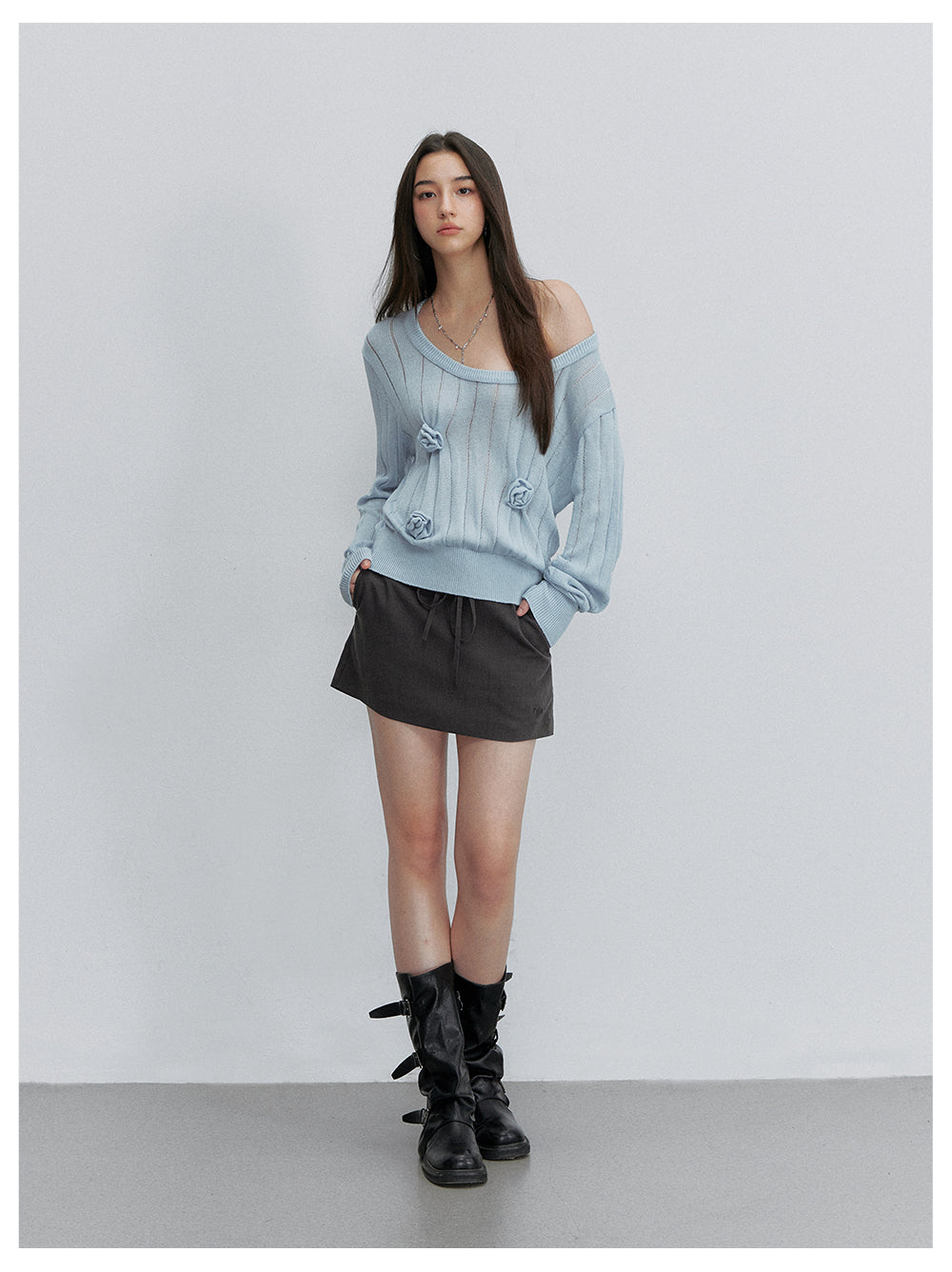 VIA PITTI VIACK6319 Asymmetric One-Shoulder Floral Knit Top
