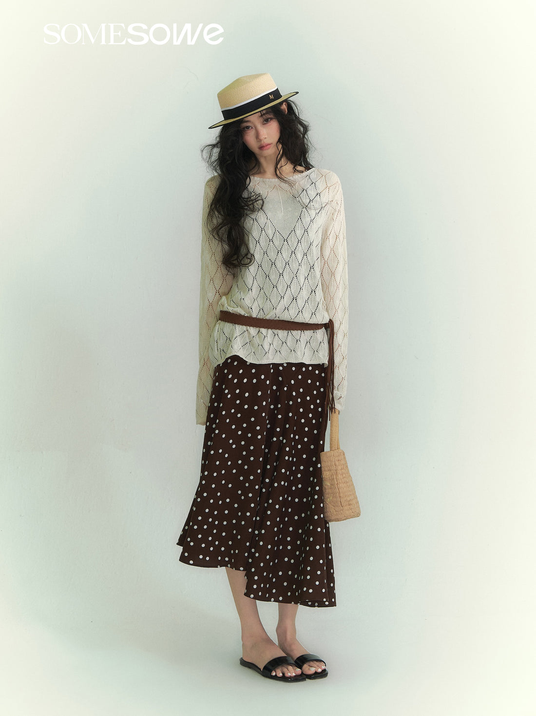SOMESOWE S2609074 Paper and yarn diamond grid hollow top