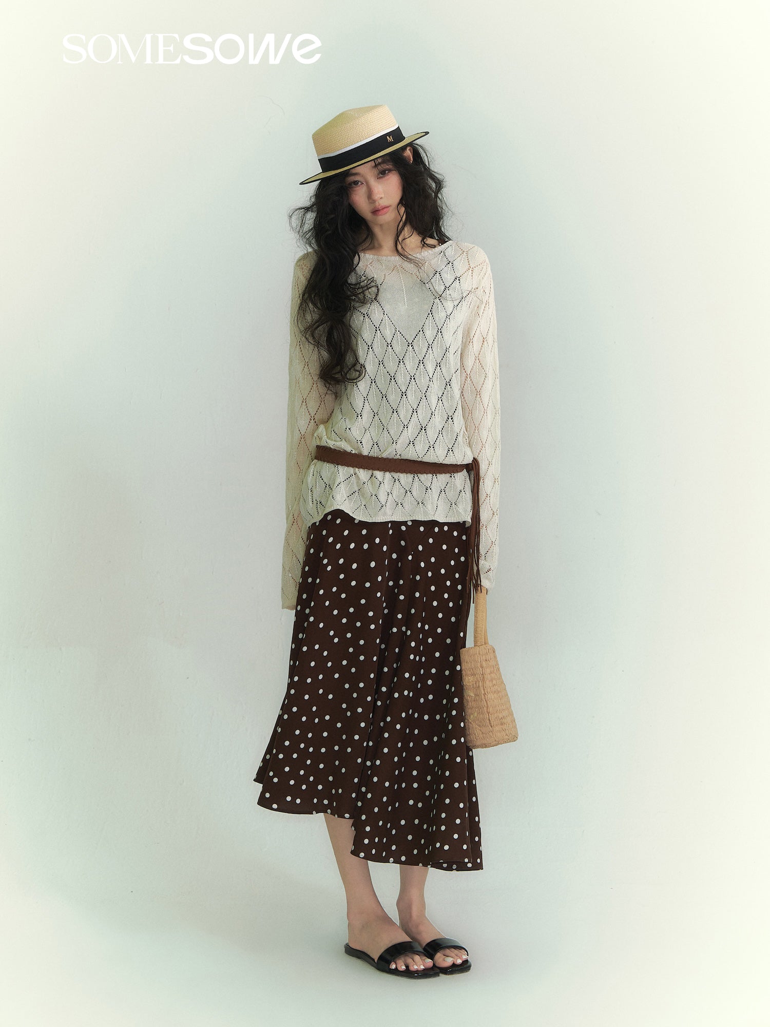 SOMESOWE S2609074 Paper and yarn diamond grid hollow top