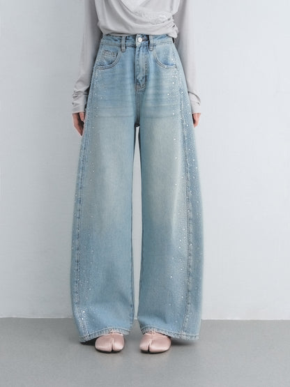 AsGony ASG26040 Lyocell washed rhinestone decorative curved knife jeans