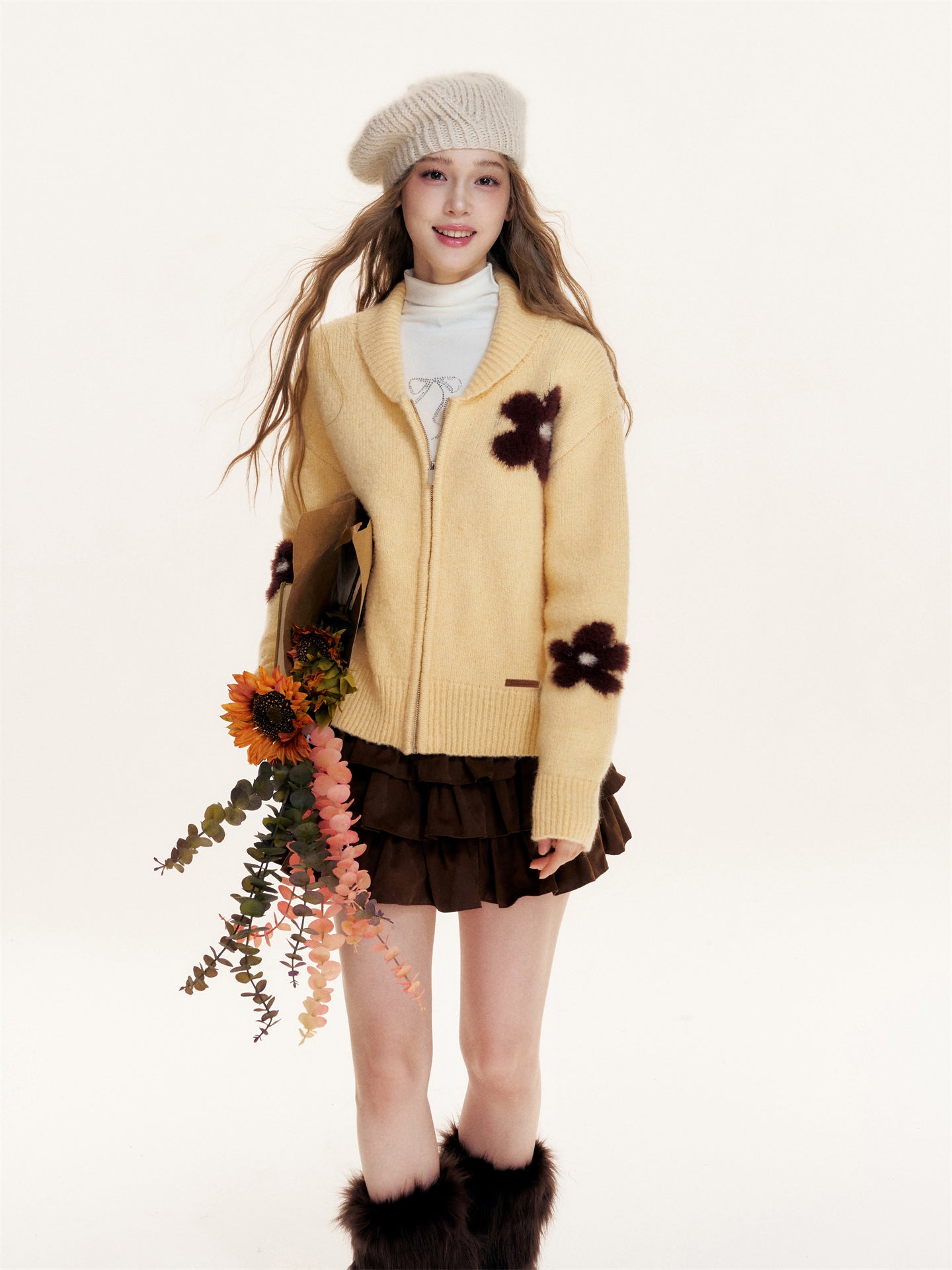 16DEWS 16D25433 Flower jacquard zipper cardigan