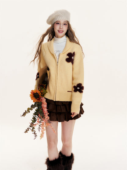 16DEWS 16D25433 Flower jacquard zipper cardigan