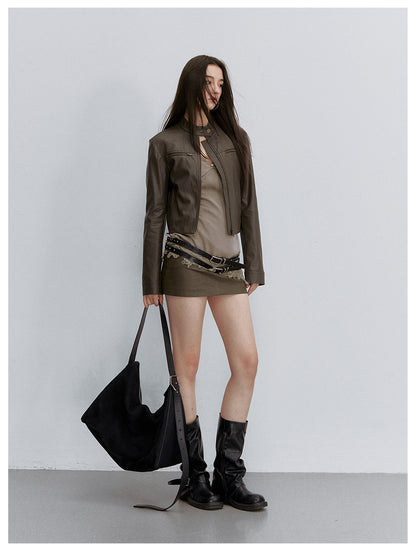 VIA PITTI VIACC6249 Stand-Collar Fitted Cropped Leather Jacket