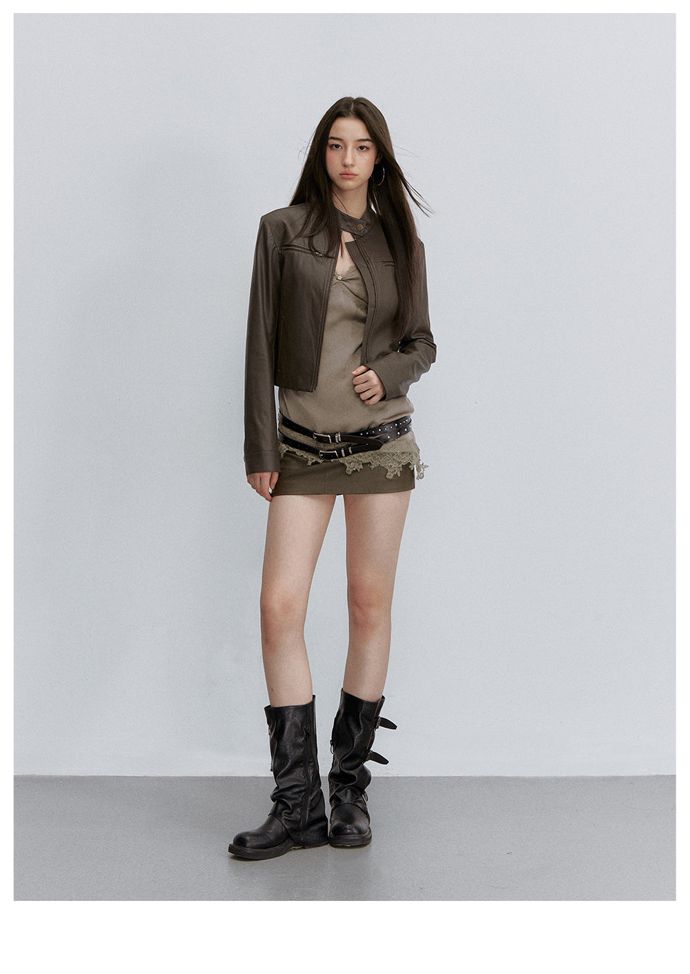 VIA PITTI VIACC6249 Stand-Collar Fitted Cropped Leather Jacket