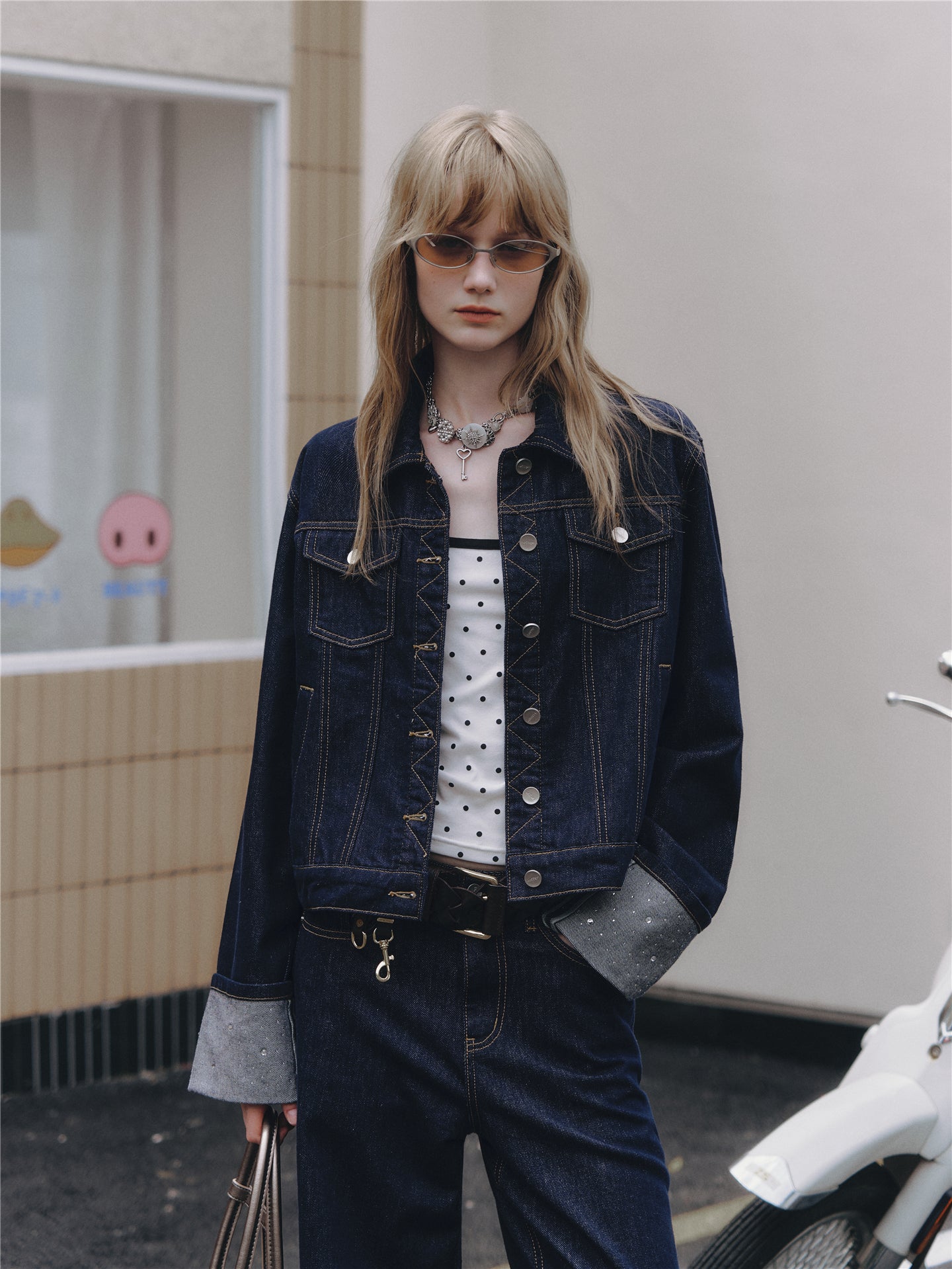 Asgony ASG26506 Raw Denim Jacket+ASG26507 Denim Straight Pants