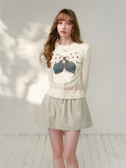 16DEWS 16D26077&amp;16D26101 Polka dot bow print slim-fit T-shirt + skirt set