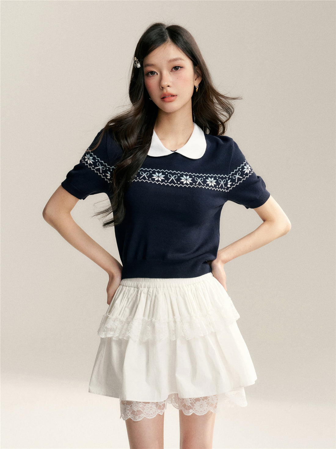 16DEWS 16D246070 Color blocked doll neck Fer Island short sleeved knit sweater