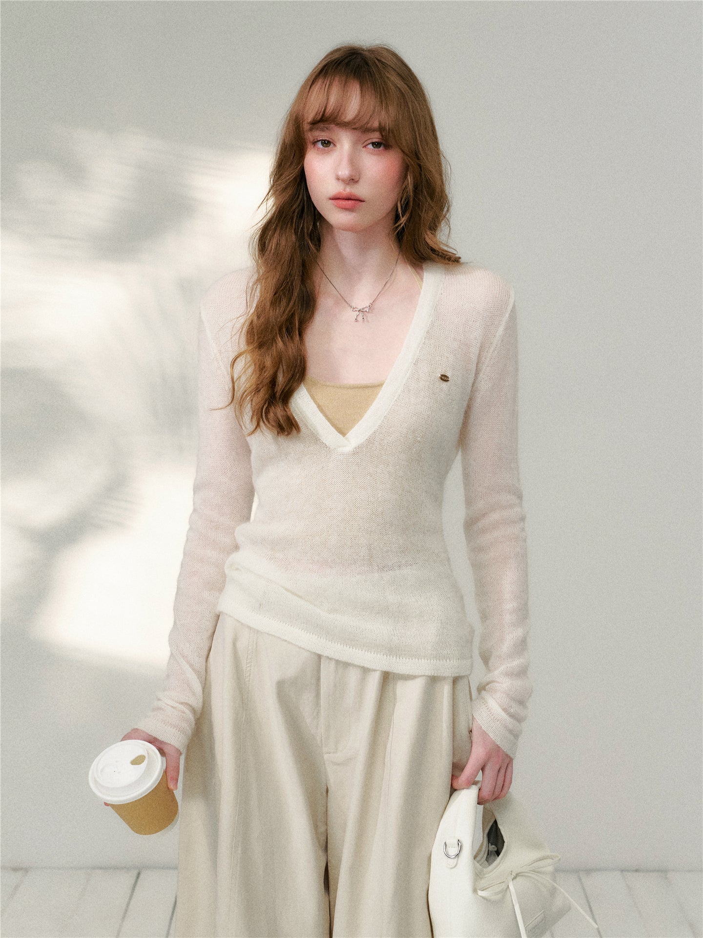 16DEWS 16D26097&amp;16D26098 V-neck wool mohair knitted sweater two-piece set + pants