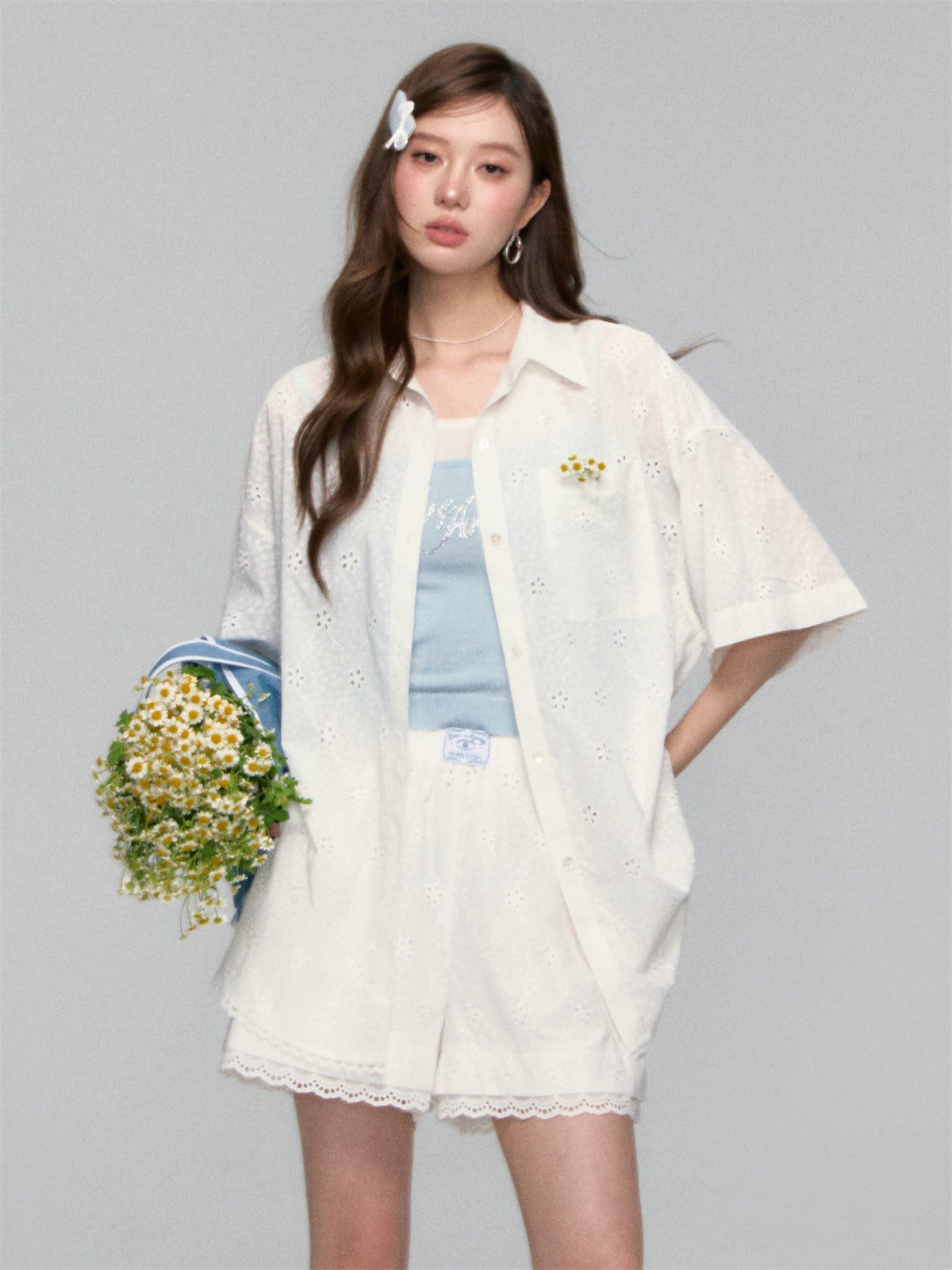 AsGony ASG25114&amp;ASG25115 Cotton loose short sleeved shirt + shorts set (seperate)