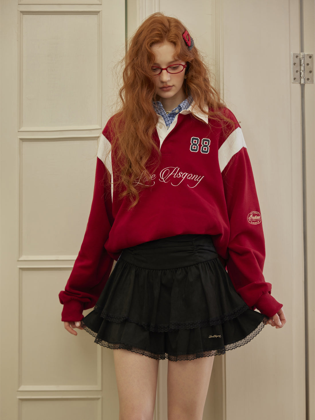 AsGony ASG25440 Suede pleated lace puffy skirt