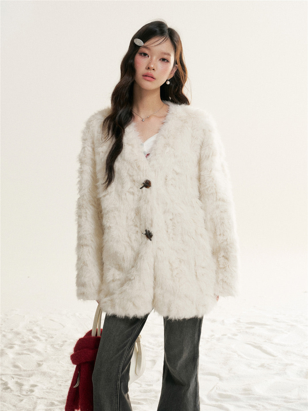 16DEWS 16D25522 Imitation fur one-piece single breasted V-neck jacket