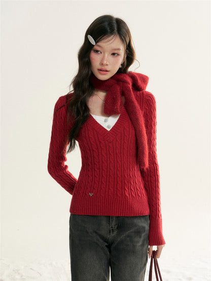 16DEWS 16D25514 Contrast V-neck fake two pieces knitting knitwear