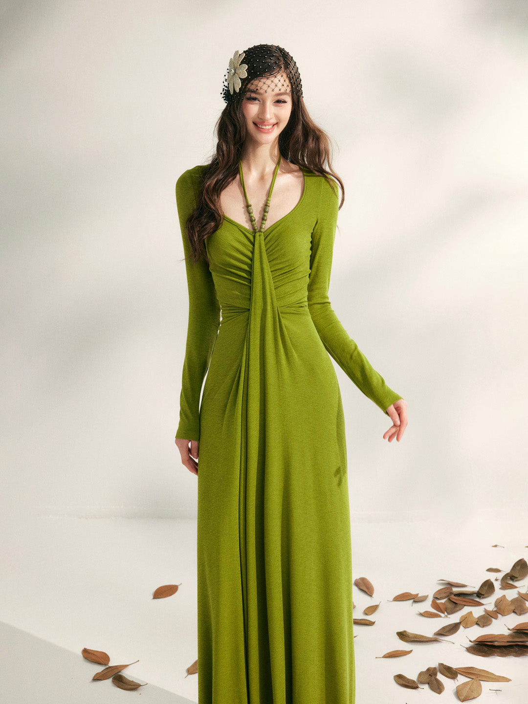 YZZI HE French style pleated waist cinching dress